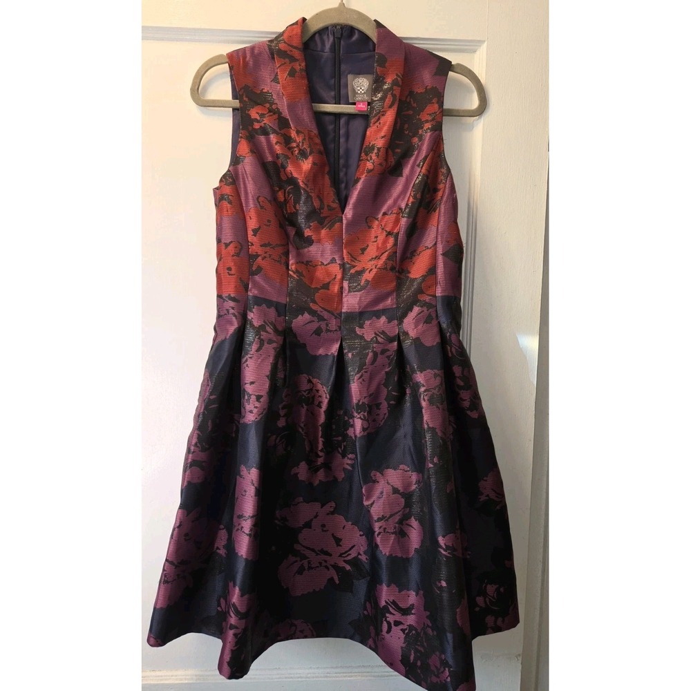 Vince Camuto Womens Floral Jacquard Fit & Flare V-Neck Dress 6 Purple
